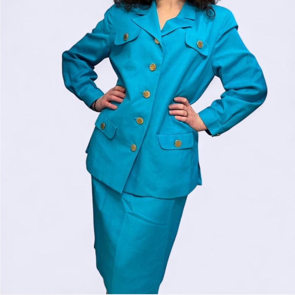 Vintage Doncaster Teal Blue Skirt Suit with Gold Buttons